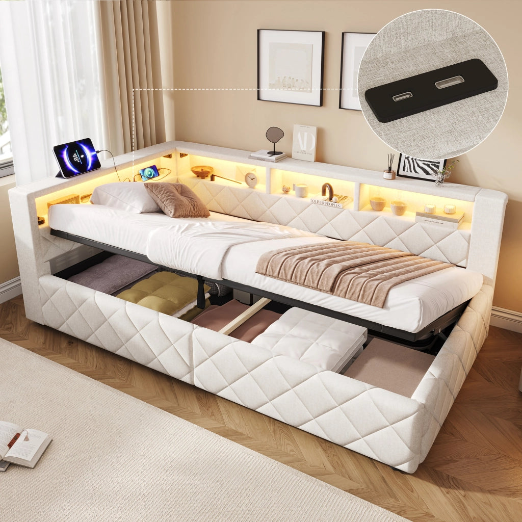 Letto contenitore beige 90x200 cm con sollevamento idraulico