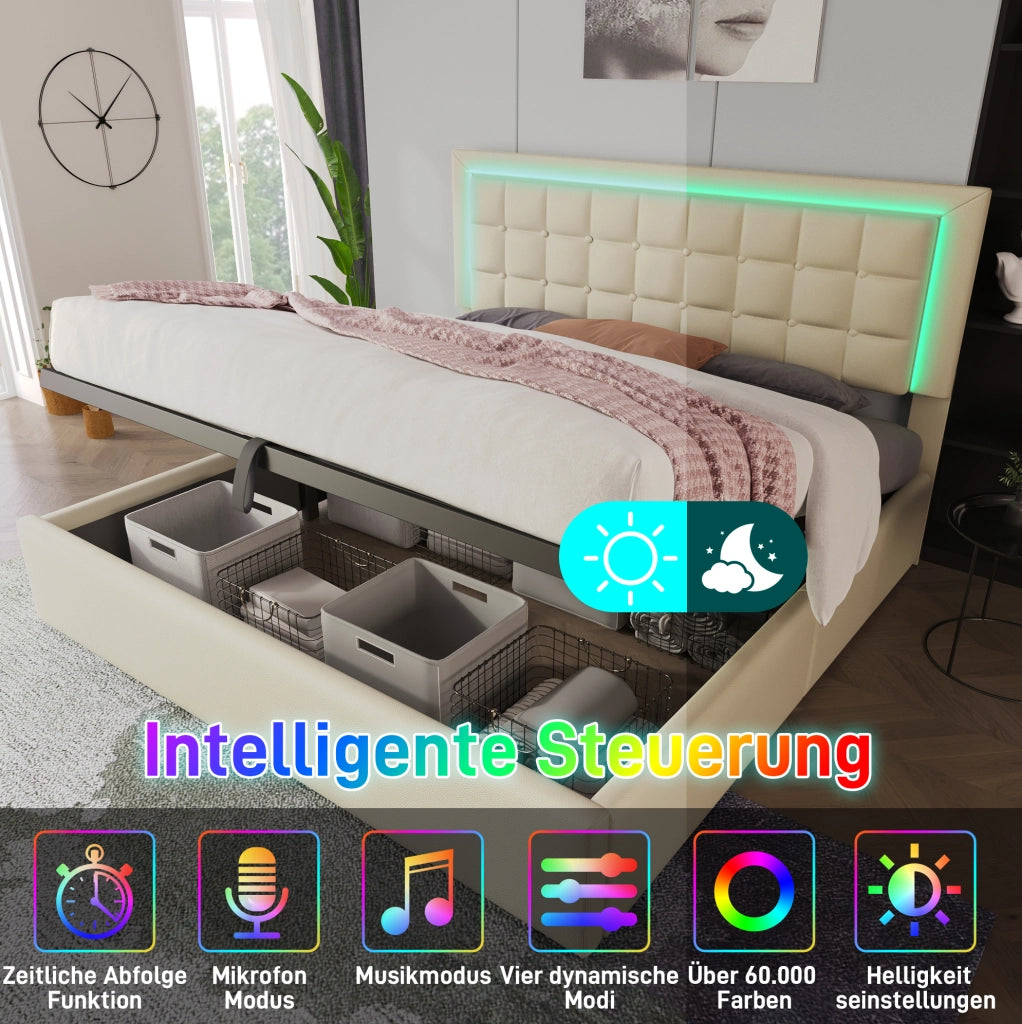 Letto matrimoniale contenitore 180x200 cm con LED, bianco