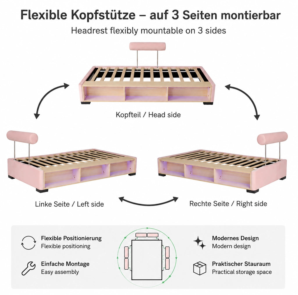 Letto per bambini imbottito 90x200 cm con LED e ripiani aperti in velluto rosa