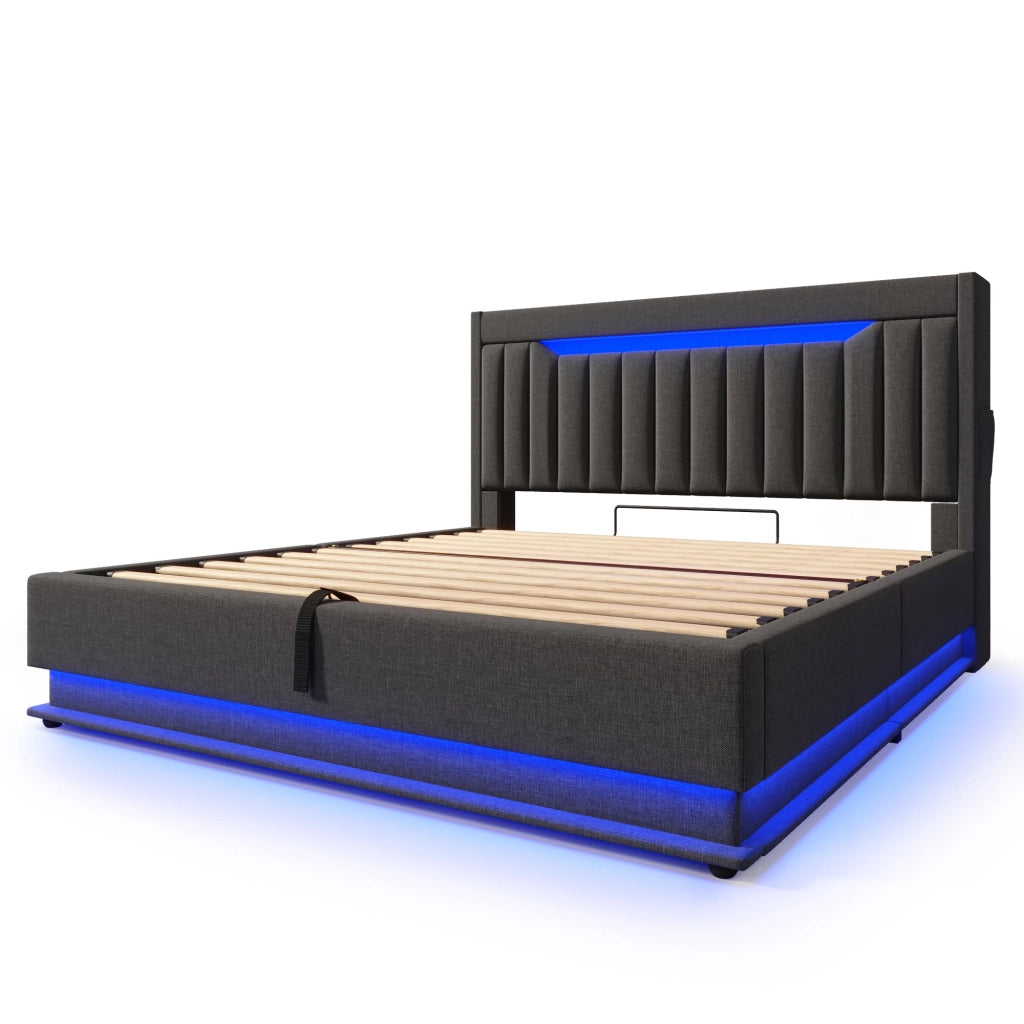 Letto contenitore 160x200 grigio con testiera; LED e porte USB
