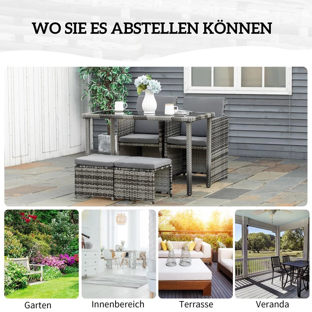 Set da Pranzo da Giardino in Polyrattan Grigio per 4 Persone con Cuscini, Salotto da Esterno Resistente e Durevole per Terrazza