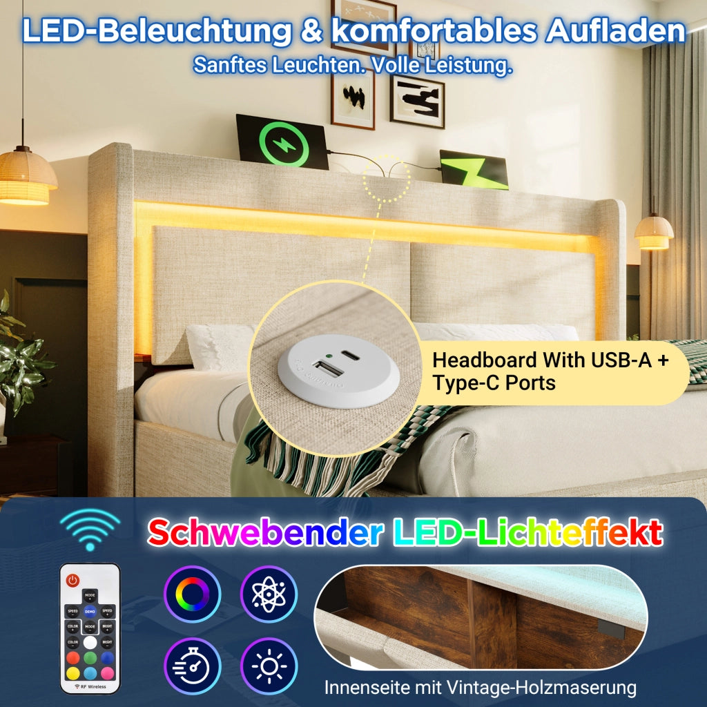 Letto con cassetti 140 ¡Á 200 cm con due comodini mobili LED USB e USB-C in legno bianco