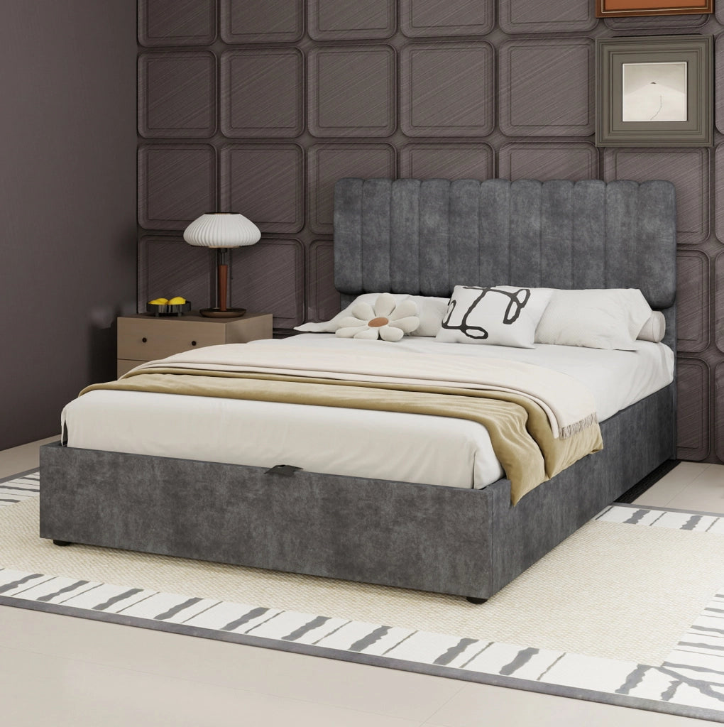 Letto matrimoniale imbottito in tessuto grigio 140x200 cm
