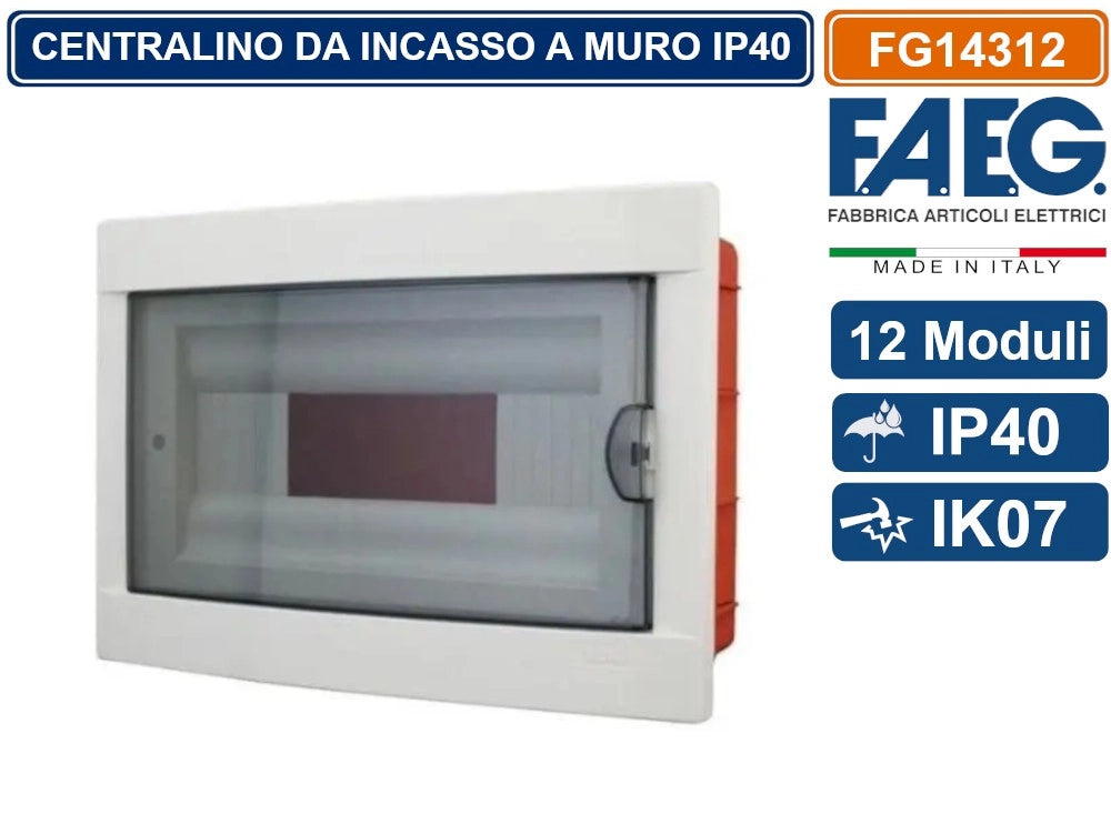 CENTRALINO DA INCASSO 12 MODULI CON CORNICE BIANCA E PORTELLO FUMÈ IP40 FAEG - FG14312