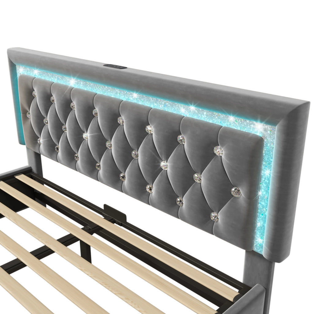 Letto matrimoniale imbottito 140x200 cm grigio con LED