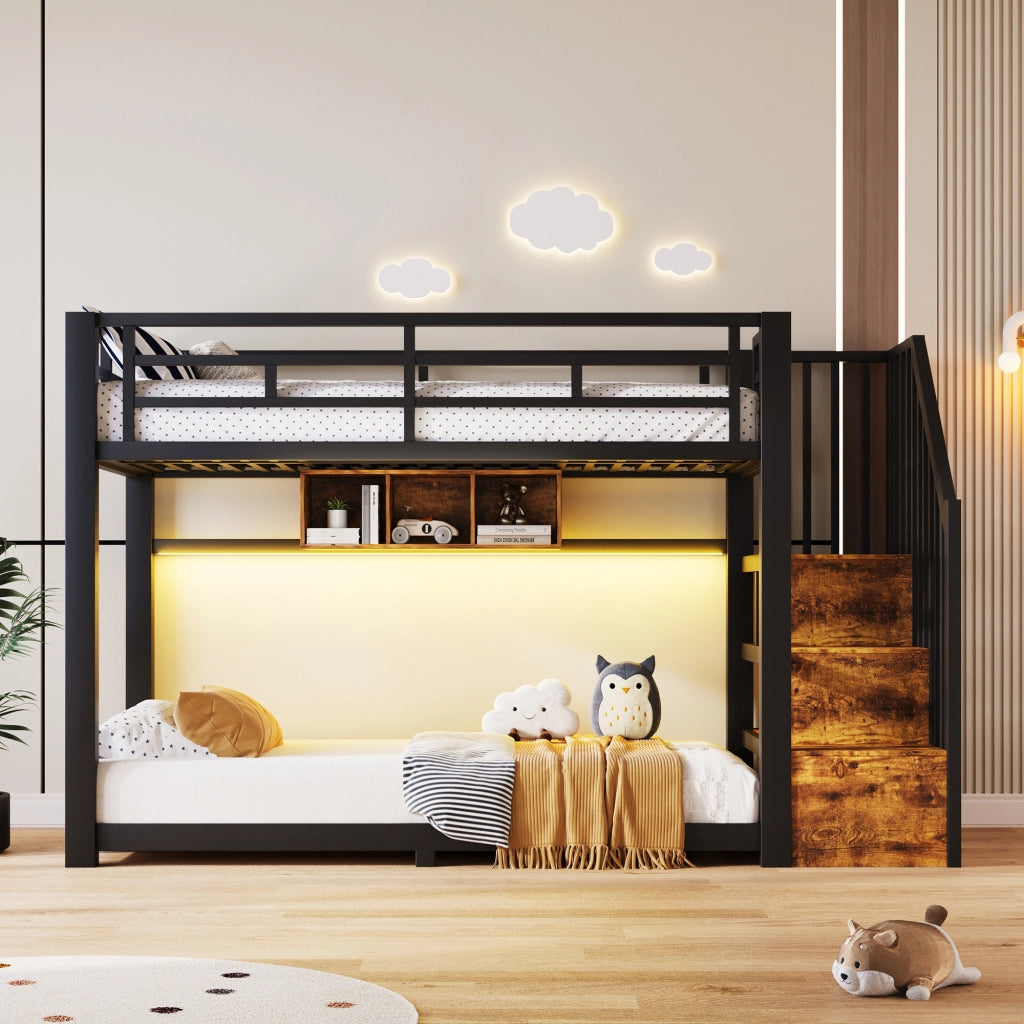 Letto a castello 90x200 cm con scala contenitore e luci LED