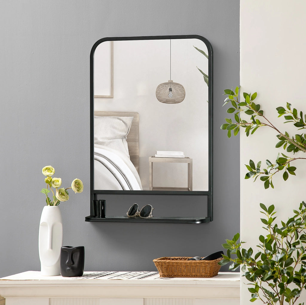 SPECCHIO da parete con mensola 70x50 cm, cornice in ferro nero