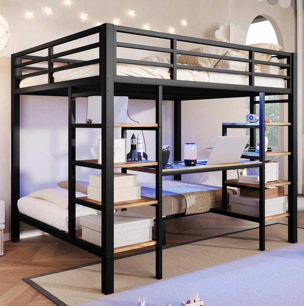Letto a castello in metallo con LED e ricarica USB, nero