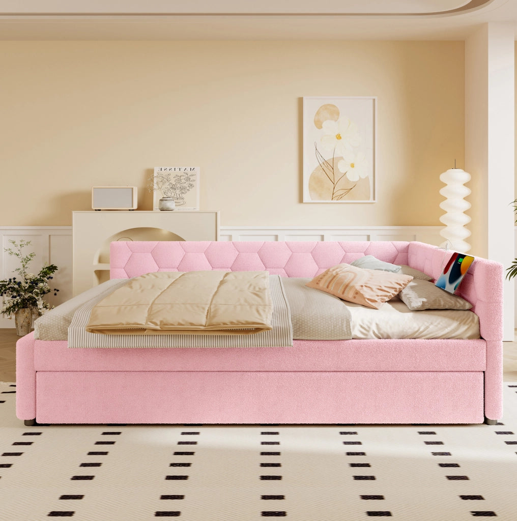 Daybed 140x200 cm con letto estraibile, USB e Type-C, lampada integrata, velluto rosa