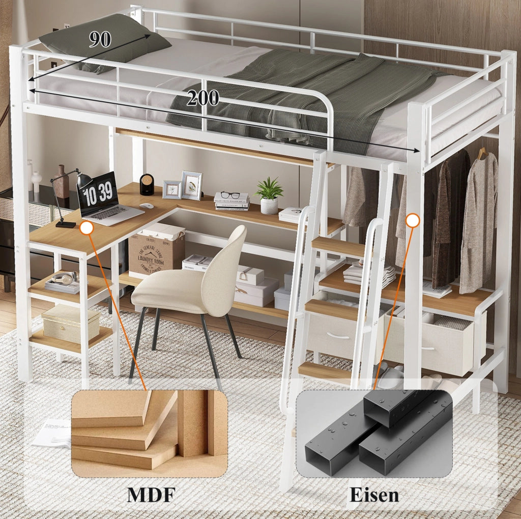 Letto a soppalco 90x200 cm con scrivania; scaffale e contenitori in metallo e MDF