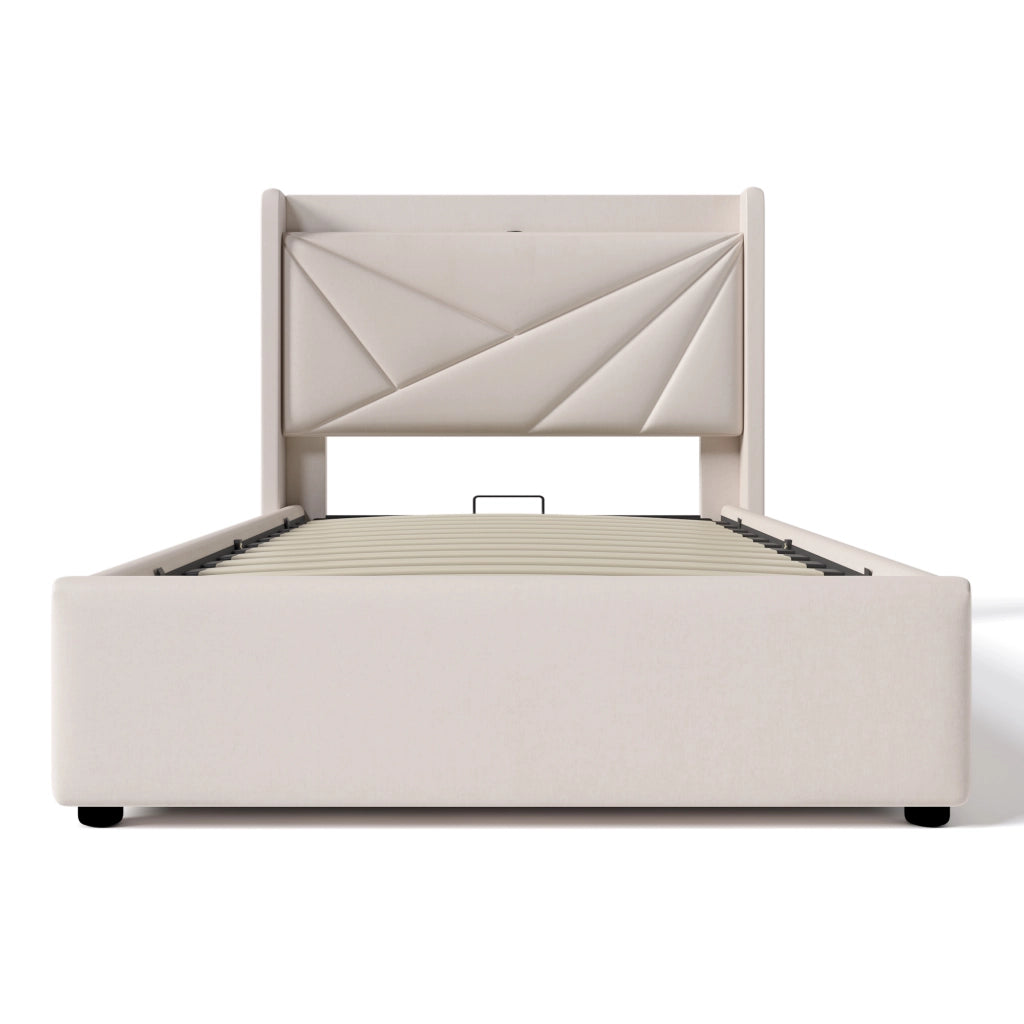 Letto singolo 90x200 con contenitore; testiera USB e Tipo C