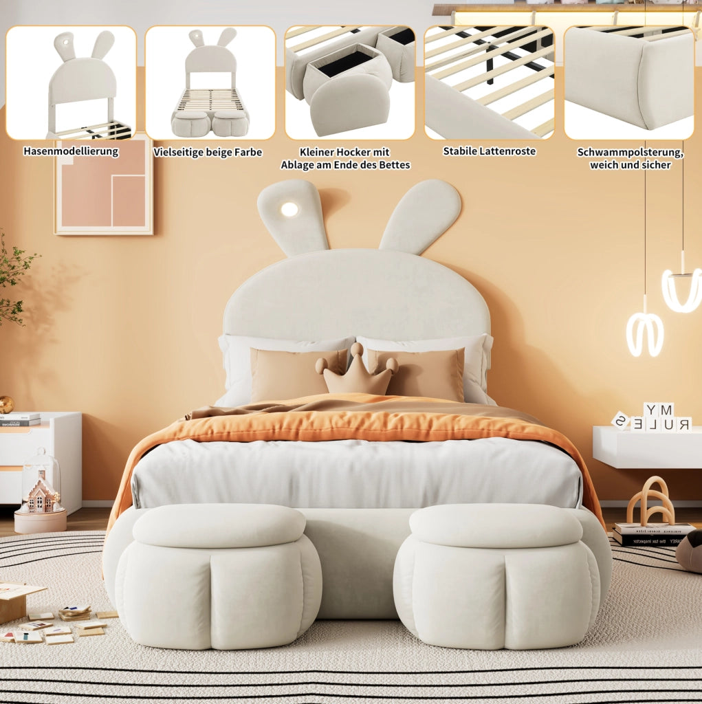 Letto singolo per bambini 90x200 cm con LED regolabile e 2 pouf; velluto beige