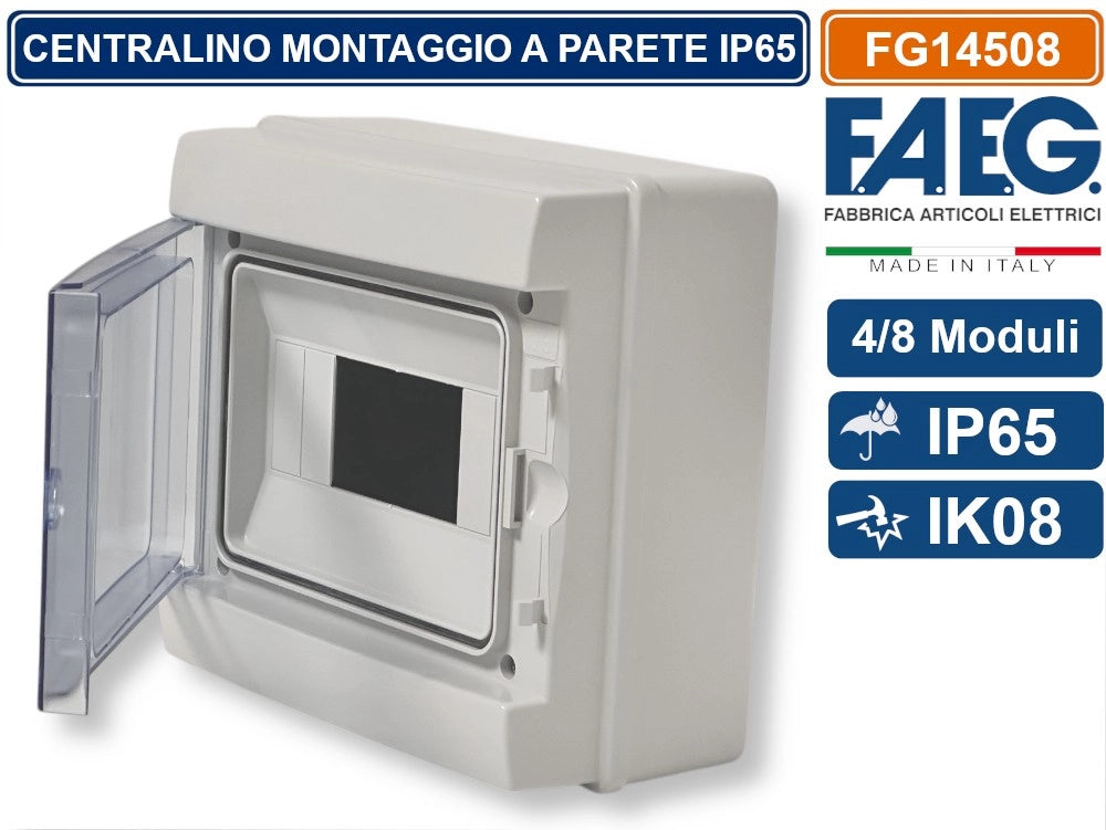 CENTRALINO A PARETE  8 MODULI TENUTA STAGNA IP65 COLORE GRIGIO CON SPORTELLO FAEG - FG14508