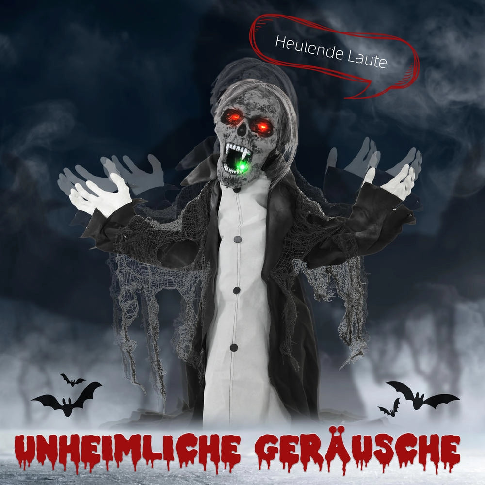 Scheletro zombie animato Halloween 75 cm con luci LED, effetti sonori e sensore, decorazione per giardino e casa