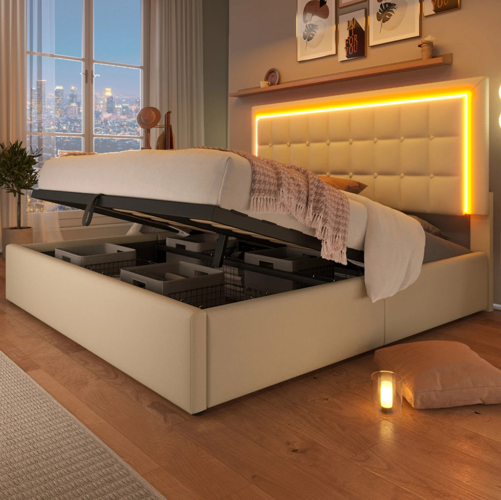 Letto matrimoniale contenitore 180x200 cm con LED, bianco