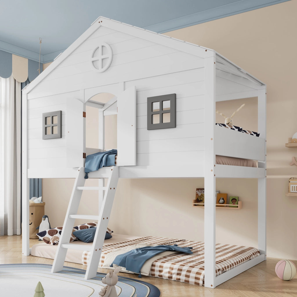 Letto a soppalco per bambini 90x200 cm con scala e protezione anticaduta; bianco e grigio