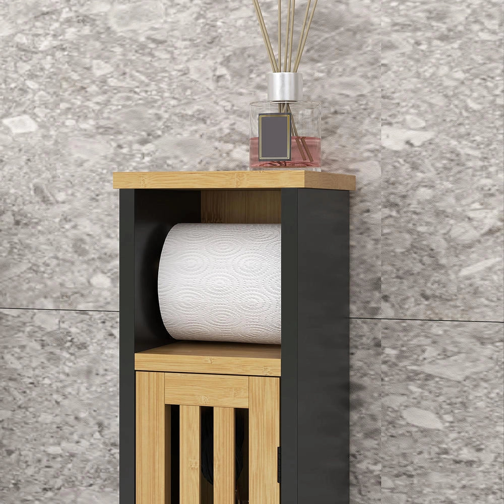 Mobile Bagno da Terra con Portarotolo in MDF e Bambù 2 Ripiani Salvaspazio Mobiletto WC Compatto e Pratico