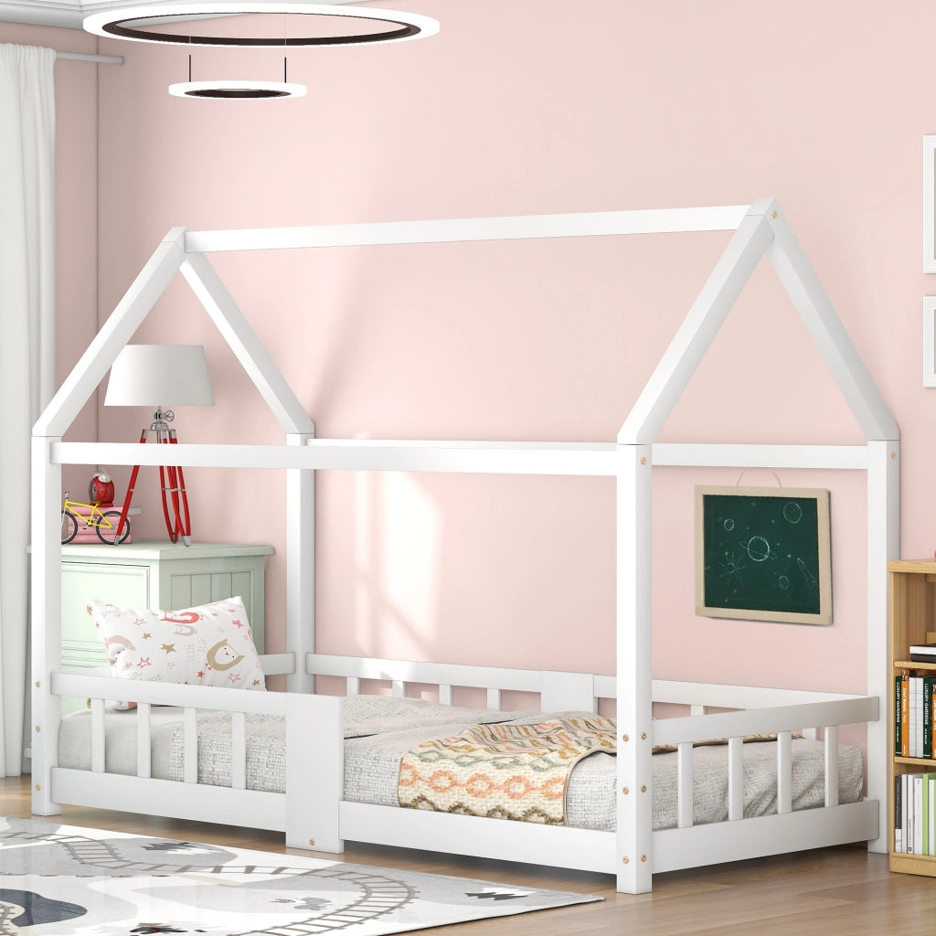 Letto casetta per bambini 90 x 200 cm bianco con lavagna