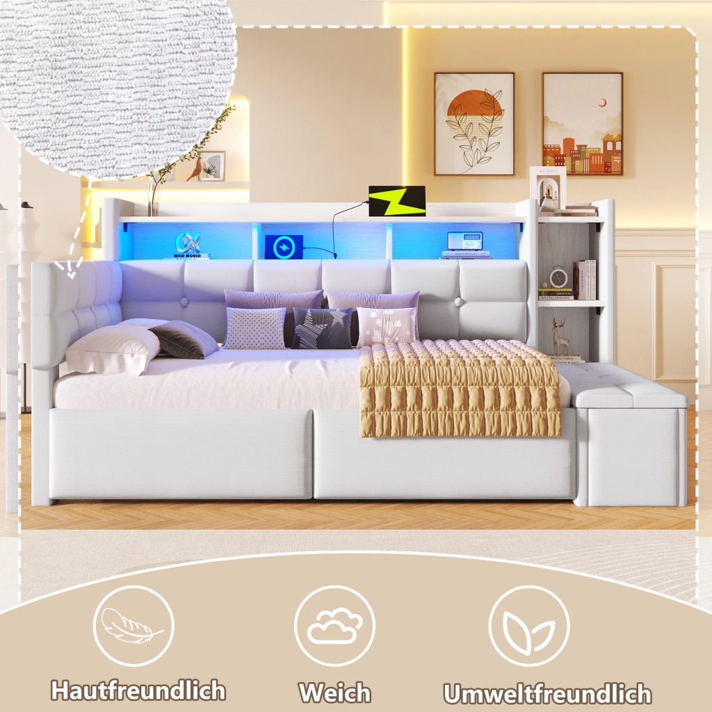 Letto a Divanetto 90 x 190 cm - 2 Cassetti, USB, Tipo C e LED Regolabile - Bianco