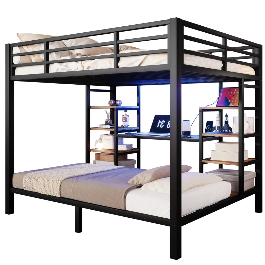 Letto a castello in metallo con LED e ricarica USB, nero