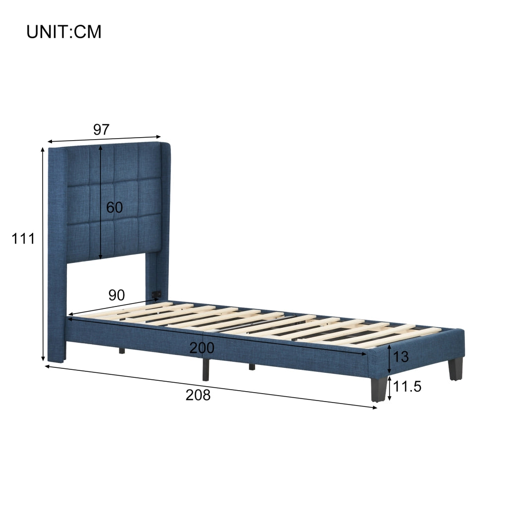 Letto singolo blu 90x200 cm con testiera imbottita