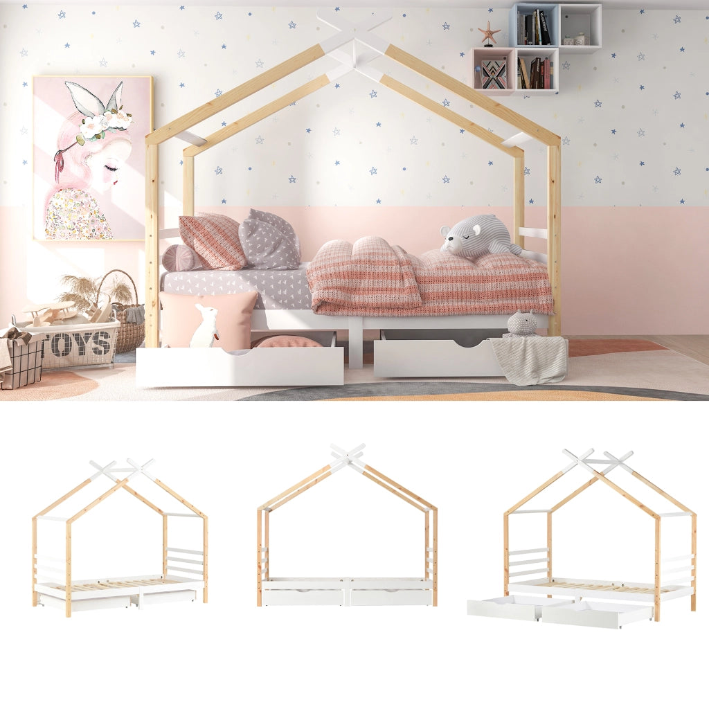 Letto casa per bambini bianco 90x200 cm con cassetti