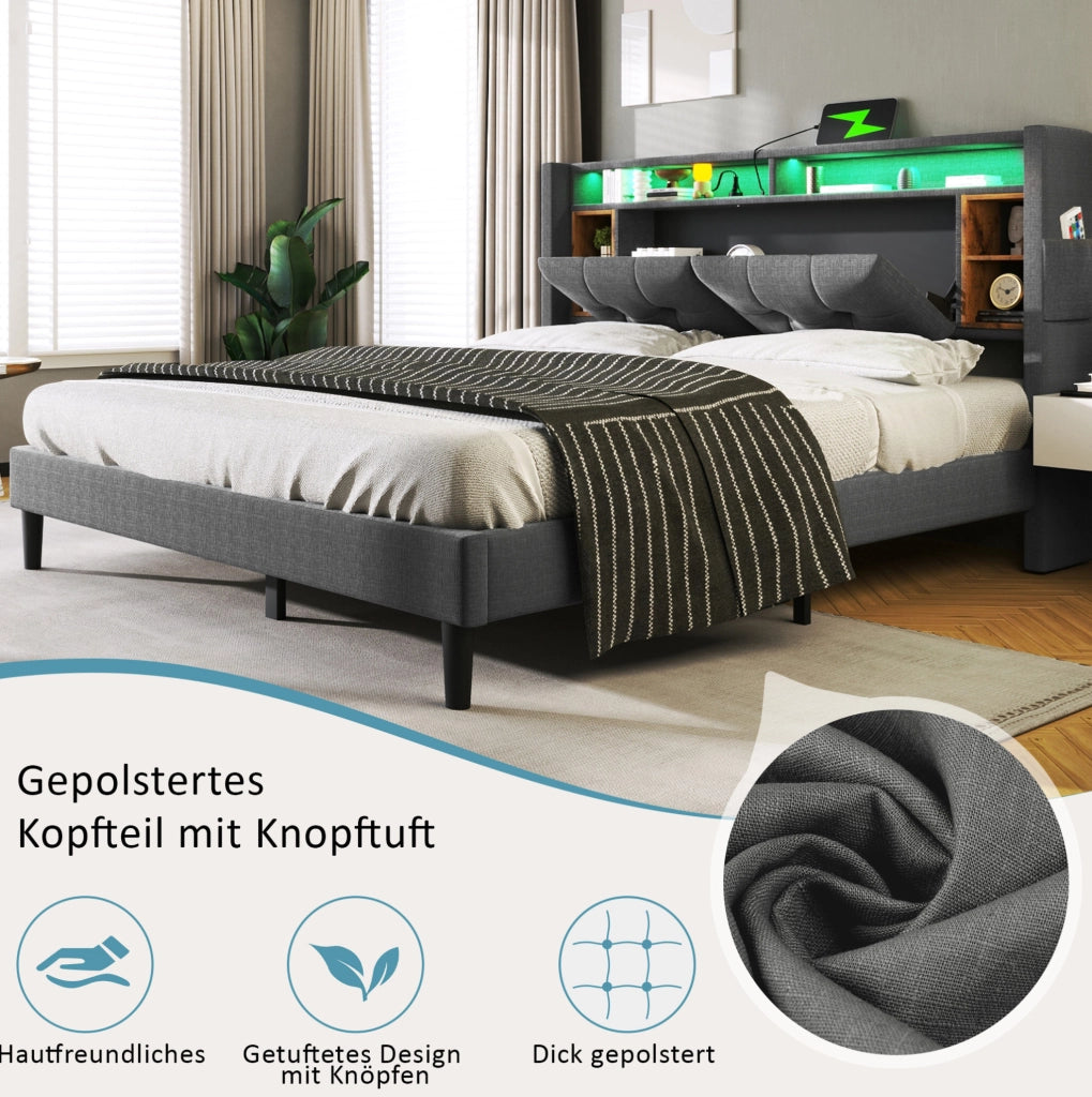 LETTO Imbottito 160x200 cm grigio con testiera contenitore, prese USB e LED