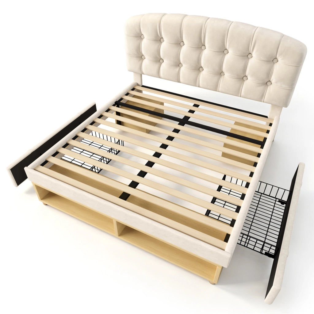 Letto imbottito beige 140x190 cm con cassetti