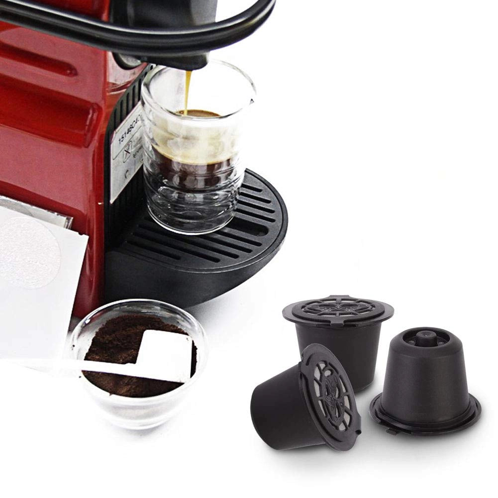 Set di 3 capsule riutilizzabili per espresso, ricaricabili, con cucchiaino e spazzola