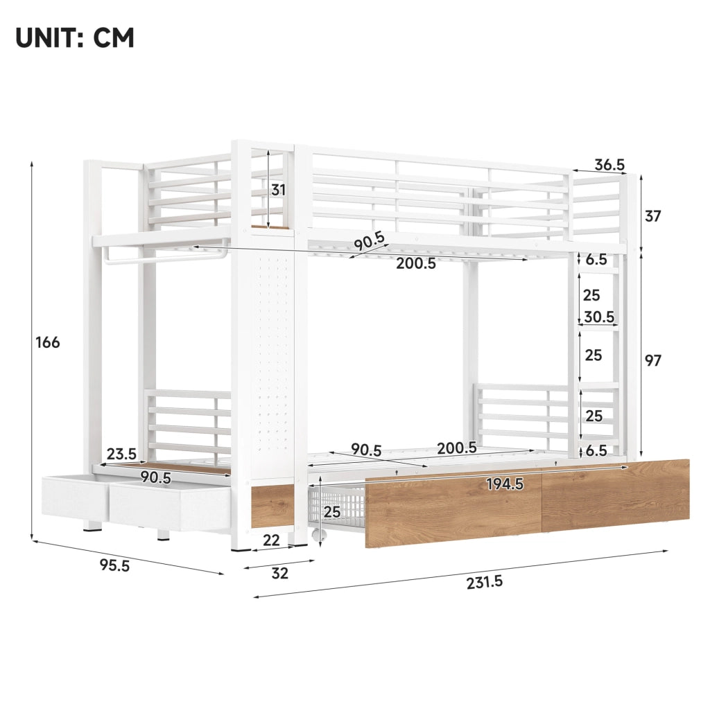 Letto a castello 90x200 cm bianco con cassetti e luce LED