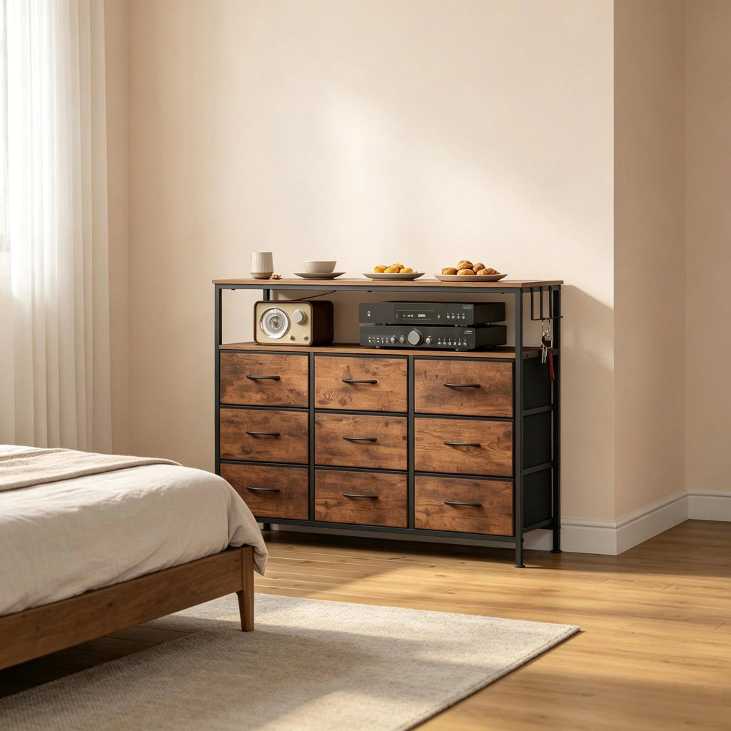 Mobile contenitore con 9 cassetti 2 ripiani presa multipla LED 110 × 85 × 30 cm marrone rustico e nero
