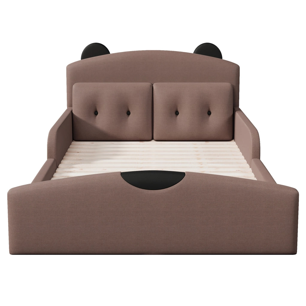 Letto 140x200 cm con testiera orsetto in lino color caffè