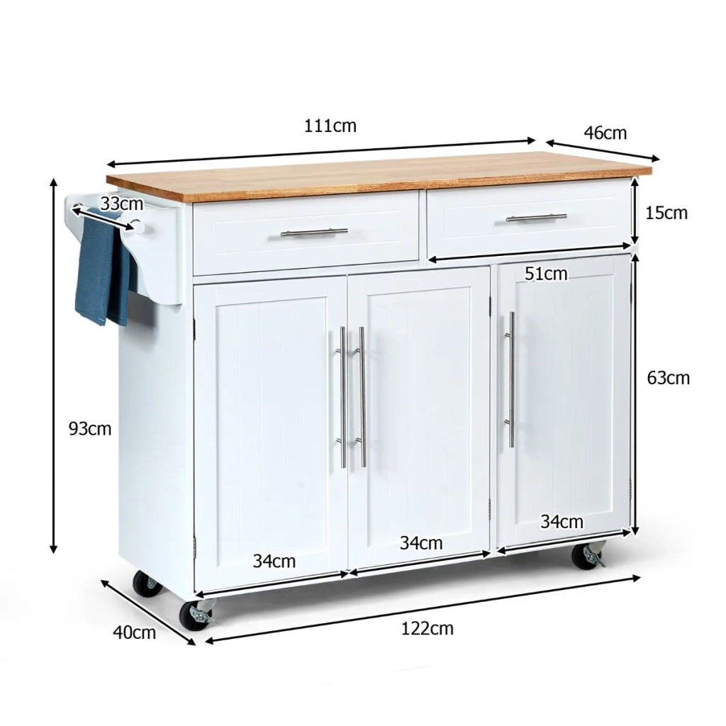 Kitchen Island Trolley Cart Wood Top Rolling Storage Cabinet-White
