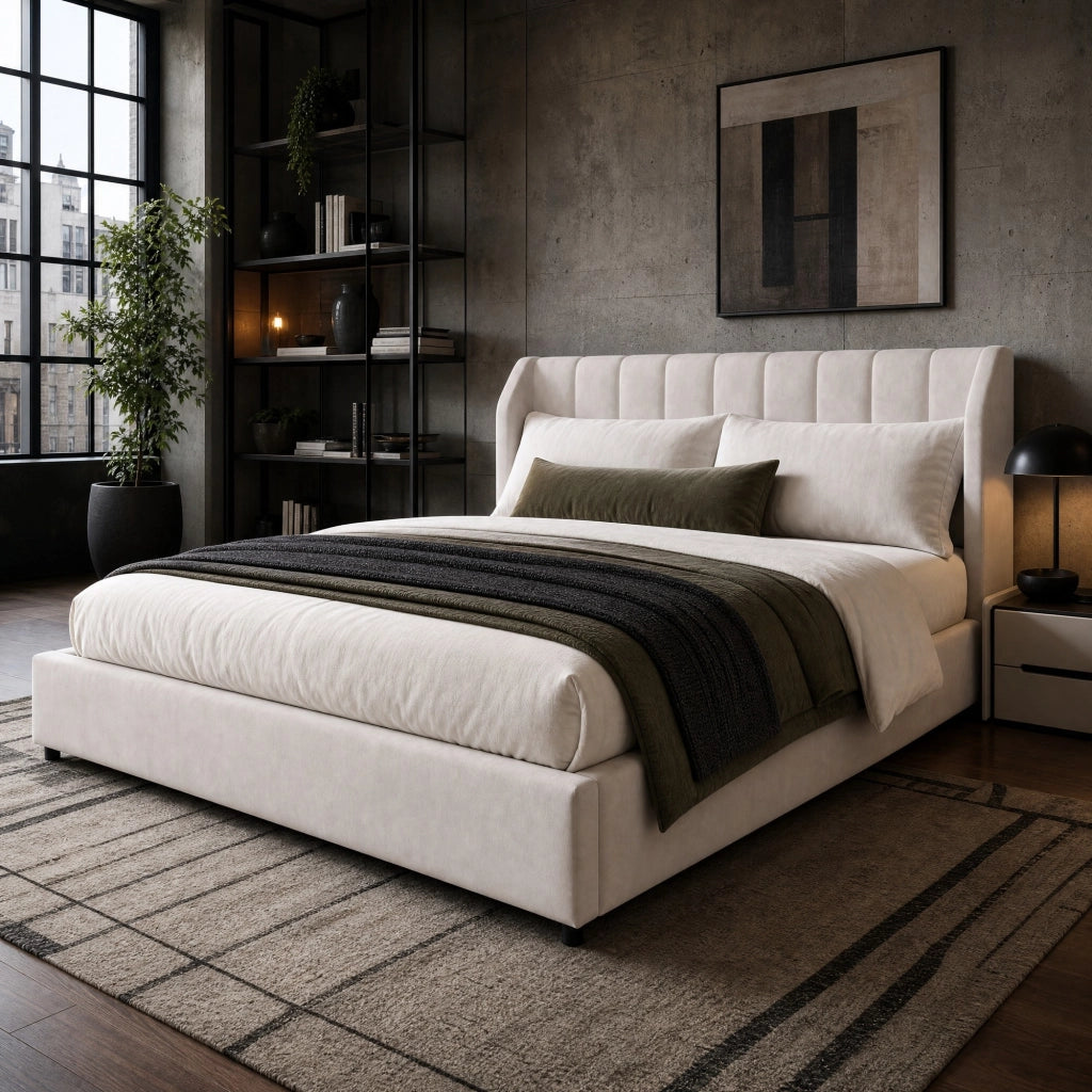 Letto matrimoniale imbottito beige 180x200 cm con rete a doghe