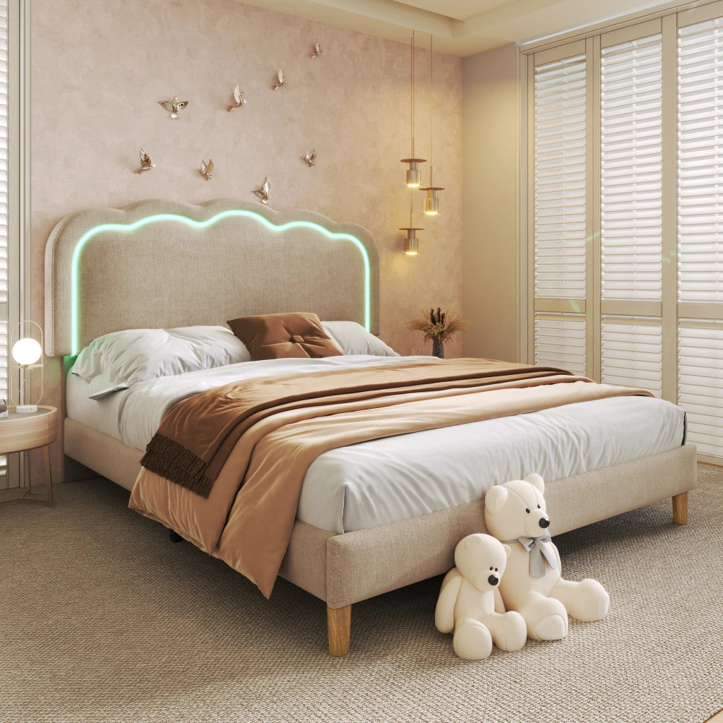 Letto matrimoniale imbottito 140x200 cm beige con testiera LED