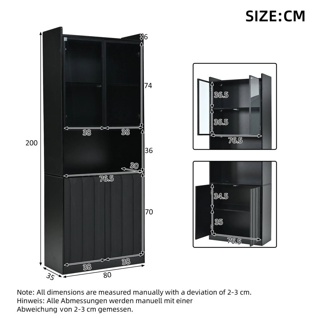 Vetrina alta 80x35x200 cm con 4 ante; LED Bluetooth e ripiani regolabili; nera