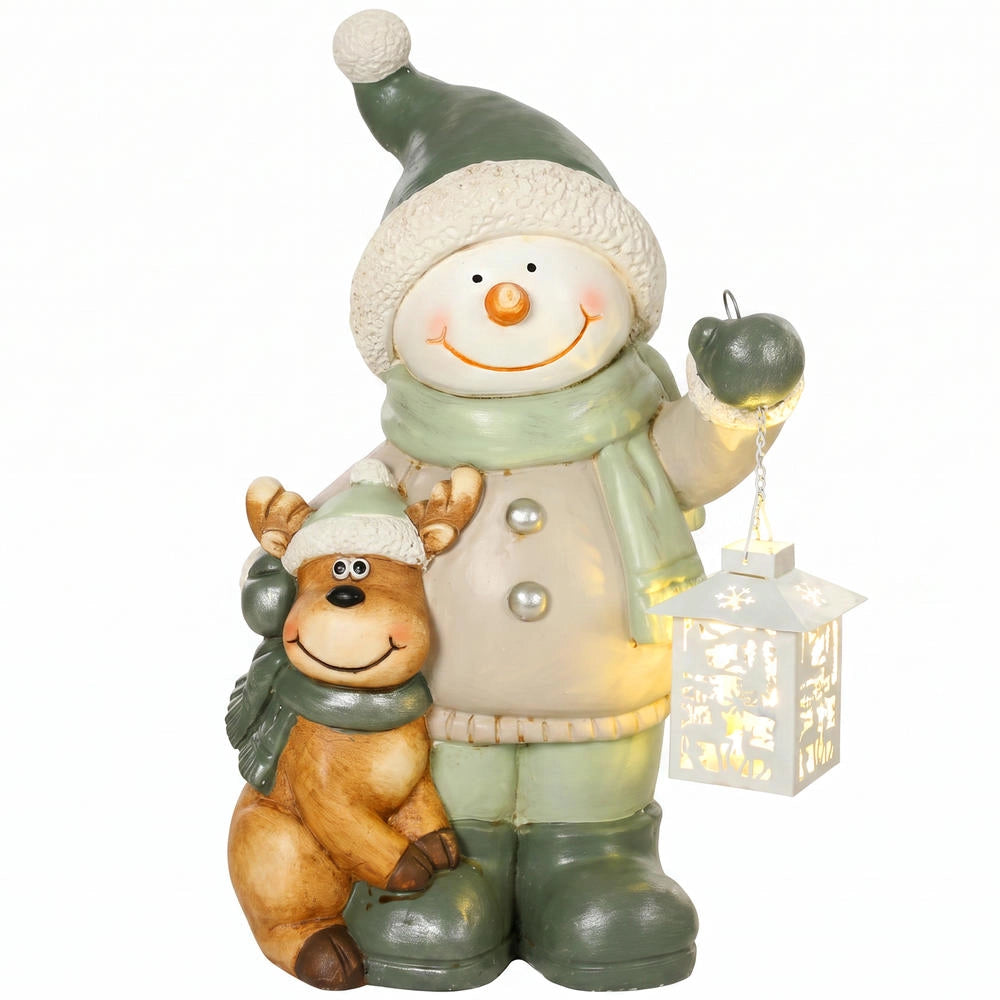 Statua Pupazzo di Neve 43 cm in MGO con Lanterna LED 2800K e Timer per Ingresso e Veranda