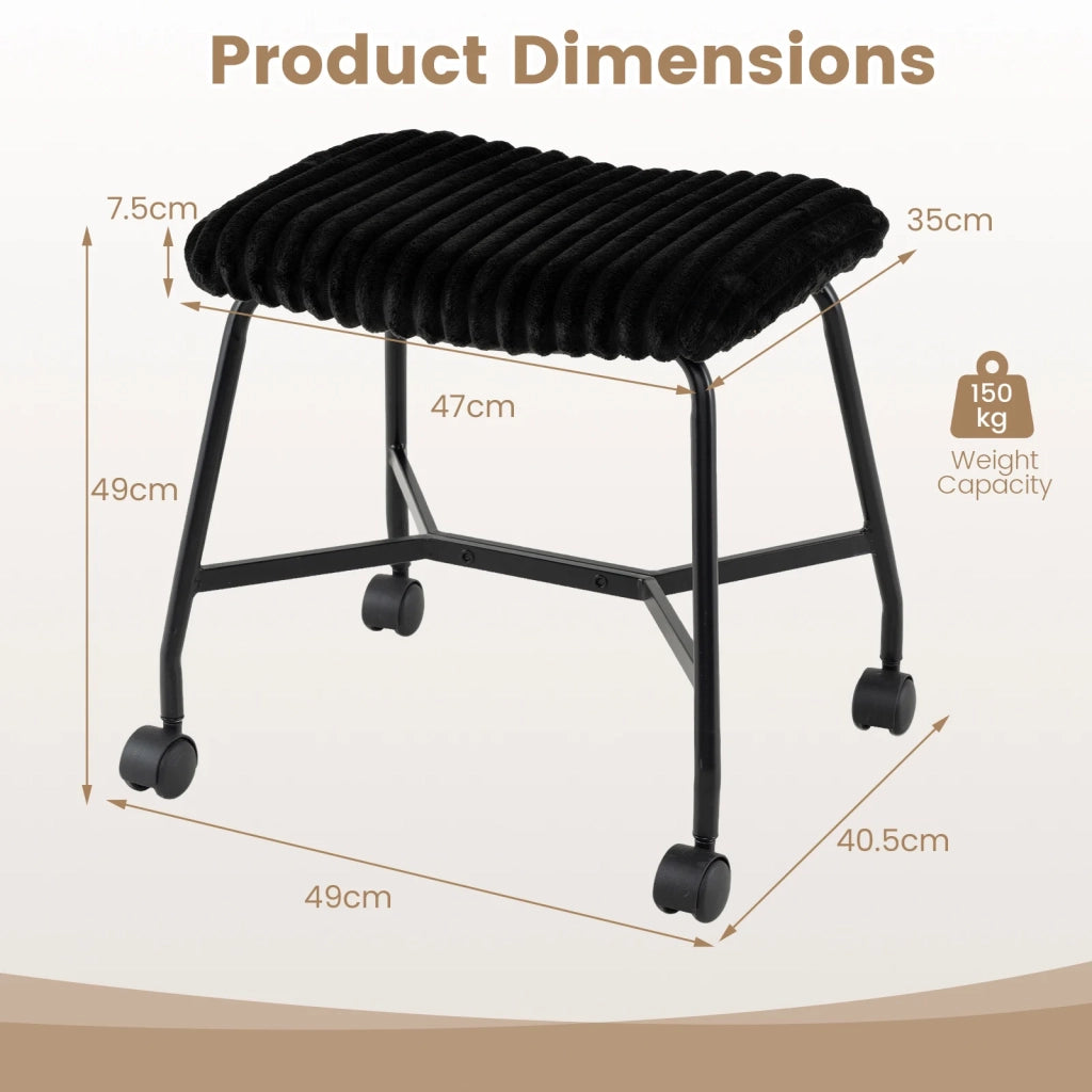 Set of 2 padded rolling stools with curved seat and 4 smooth-rolling casters, black