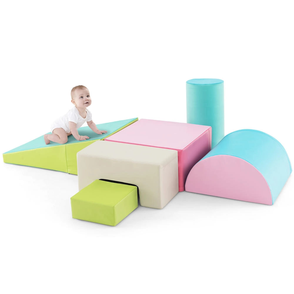 6 Pezzi Set da Gioco con Blocchi da Arrampicata e Strisciare in Schiuma Verde con Forme Rettangolari, Morbidi e Impilabili per Casa