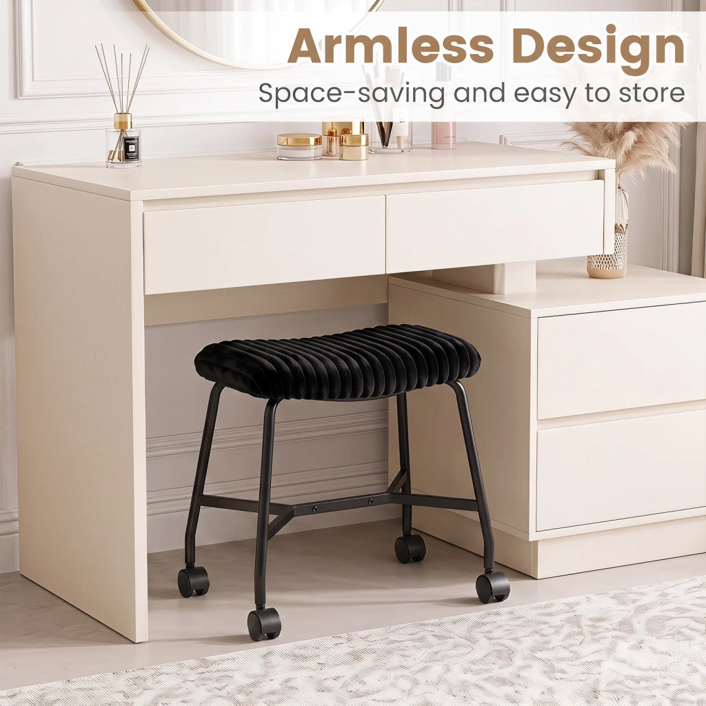 Set of 2 padded rolling stools with curved seat and 4 smooth-rolling casters, black