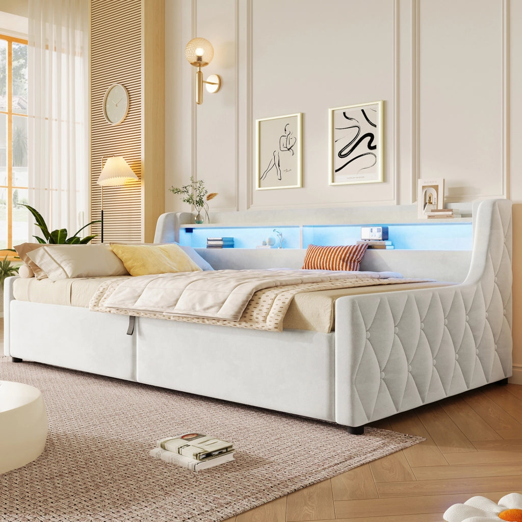 Letto singolo contenitore 90x200 cm con LED, bianco sporco