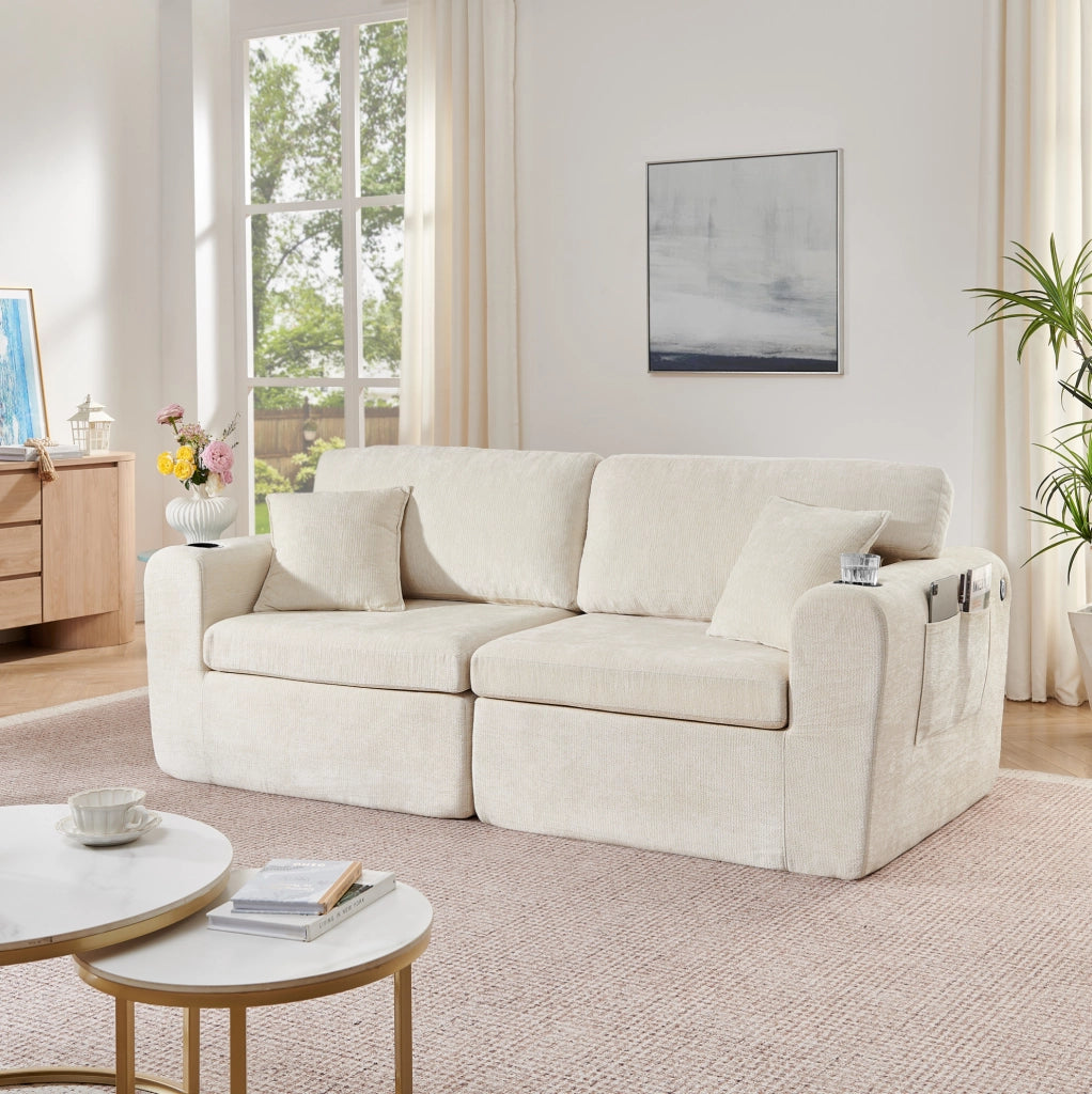 DIVANO Relax 2 posti 220x100x89 cm in chenille beige con porta USB