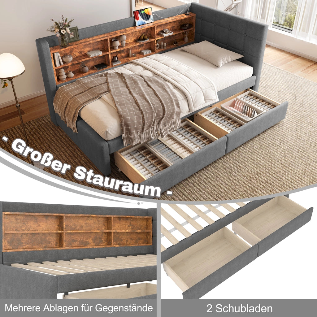 Letto singolo 90 × 200 cm con 2 cassetti in lino e MDF grigio con porte USB Type-C e ripiani