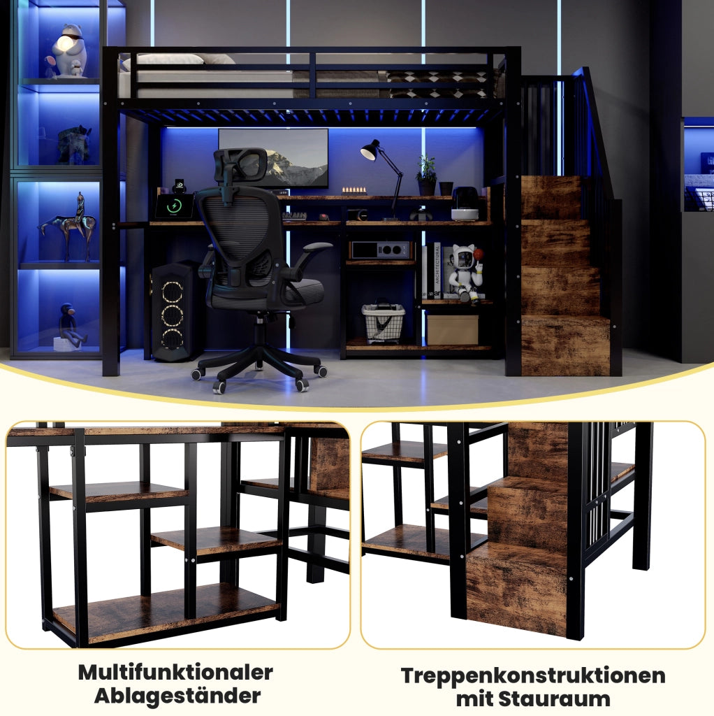 Letto a soppalco 90x200 cm con LED, USB e armadio scala