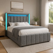 Letto singolo imbottito 90 × 200 cm grigio con LED USB tipo C e due cassetti