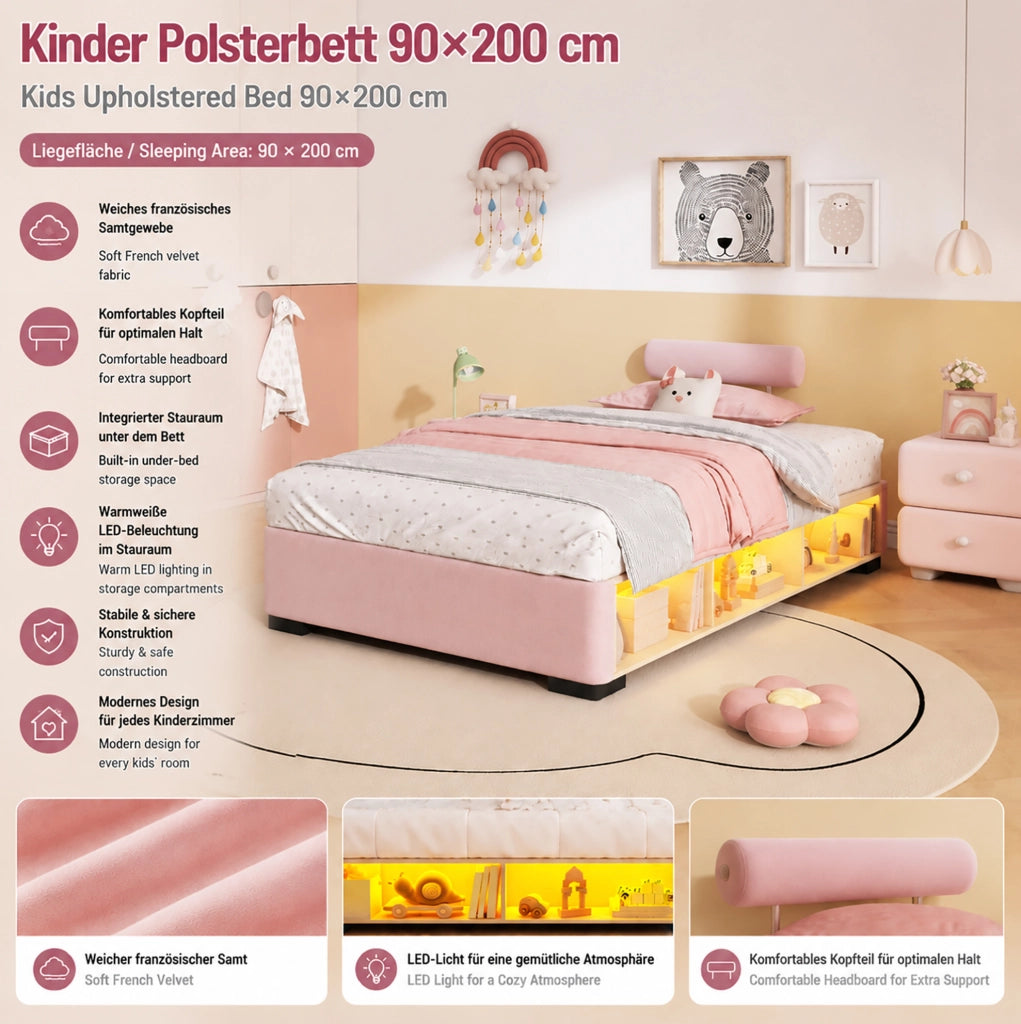 Letto per bambini imbottito 90x200 cm con LED e ripiani aperti in velluto rosa