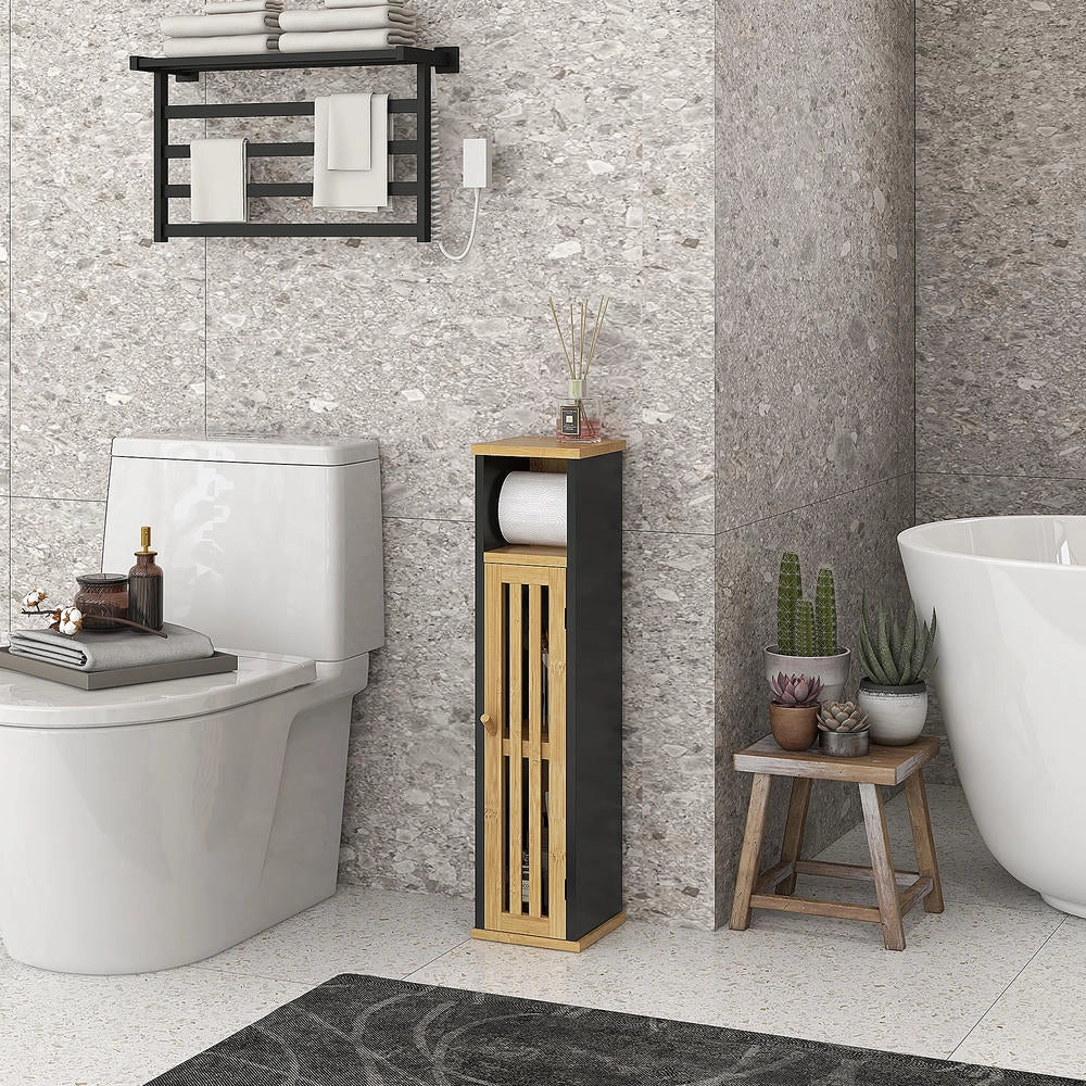 Mobile Bagno da Terra con Portarotolo in MDF e Bambù 2 Ripiani Salvaspazio Mobiletto WC Compatto e Pratico
