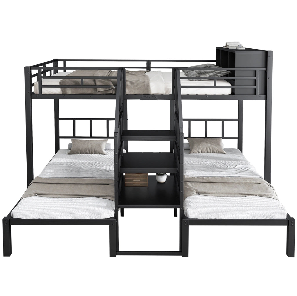 Letto a castello 3 posti 90x200 e 140x200 cm con scala e contenitore; nero