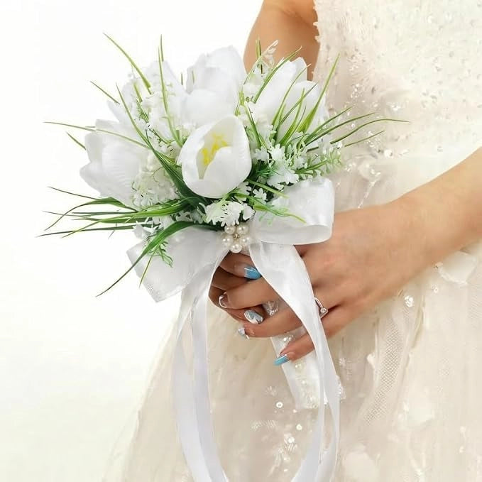 Bouquet artificiale, con tulipani e campanule, 9,8 pollici, colore bianco