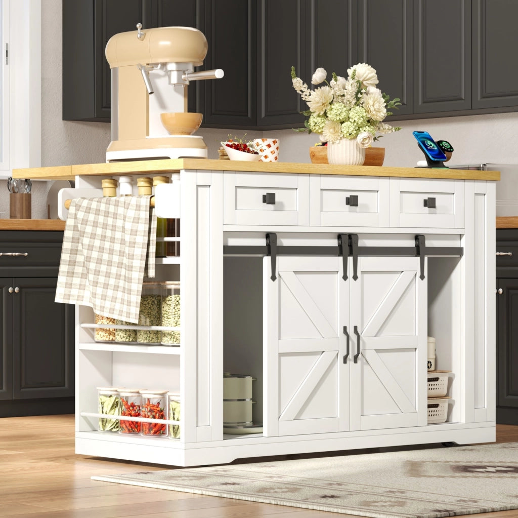 Isola cucina mobile con piano pieghevole e prese, 130x50(80)x87 cm